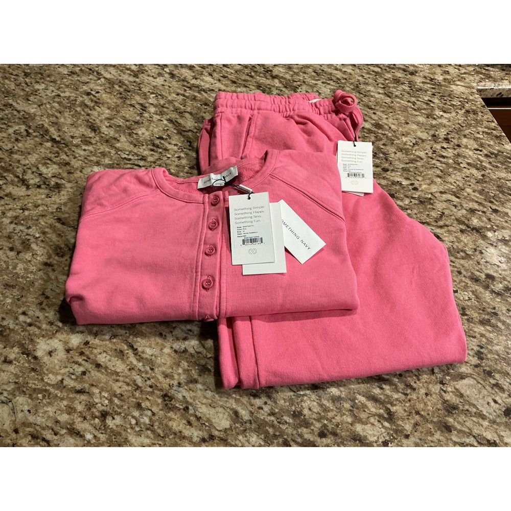 Something Navy Pink Henley Sweatshirt Jogger Set Women M NWT $190 Retail